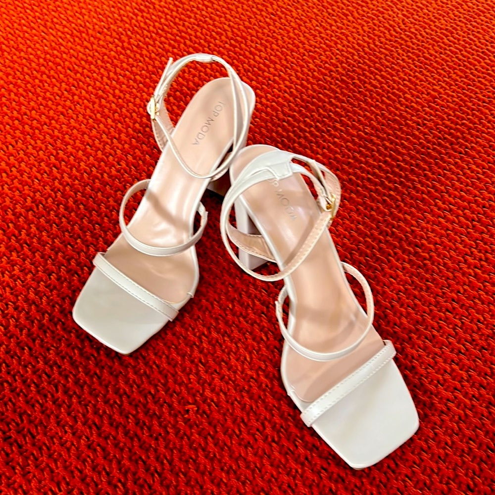 Neutral beige triple strap ankle closure sandals with block heel